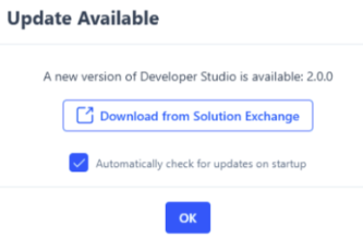 The Update Available dialog box has a Download from Solution Exchange link, the new version of Developer Studio Available, and a checkbox called Automatically check for updates on startup